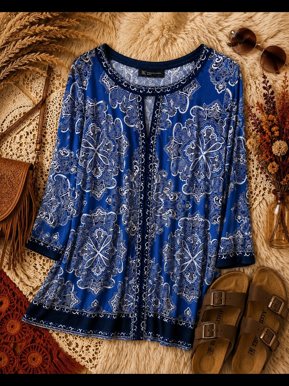 INC International Concepts Blue Paisley-Print Women's Top 3X